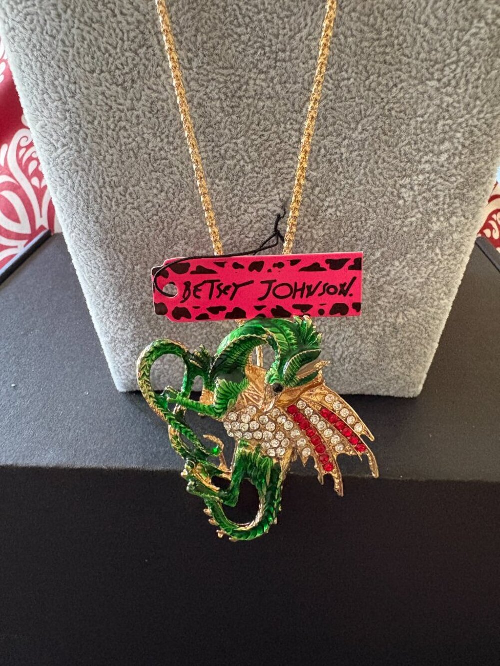 Betsey Johnson Green Enamel & Crystal Dragon Statement Pendant Necklace - NOS
